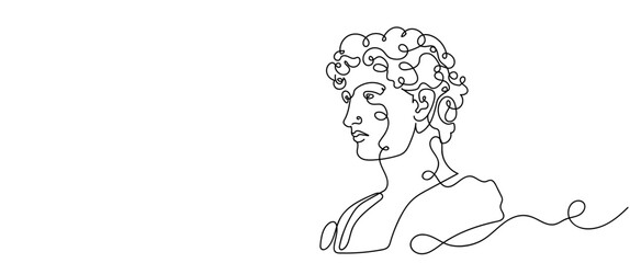 Continuous one line drawing of a Greek bust statue. Elegant minimalistic Greek god portrait for logo, emblem or web banner. Vector illustration