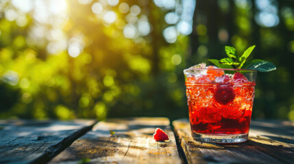 Red iced soda drink with raspberries on old table, summer sunny garden in the background