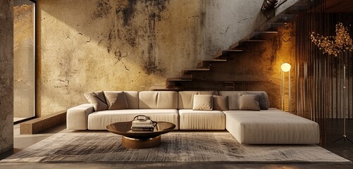 A cozy corner with decorative wall textures, beautiful stairs, and a contemporary sofa for a relaxed ambiance
