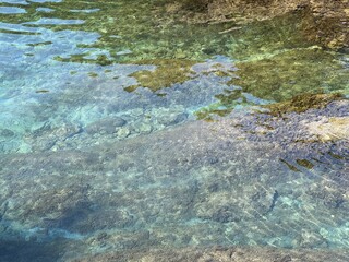 Transparent water with stones, pebbles, algae at the bottom