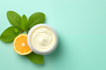 Overhead view of a jar of vitamin C face cream on a mint blue background and sliced oranges, the presence of sliced citrus fruit symbolizes the presence of a large amount of vitamin C in the cream