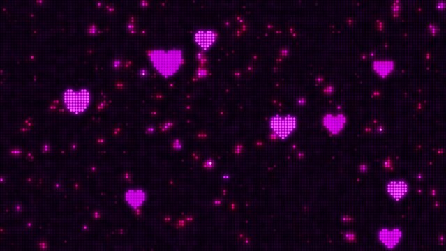 Wall of lights panel, valentines hearts backdrop, motion graphics, glowing lights. Seamless loppable 4K background.