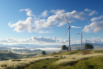 Wind turbines at a windfarm at a hill on sunny day.