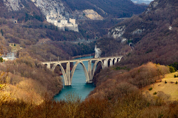 Railway bridge over the Rhone, with Fort l'Écluse in the background - Longeray, France