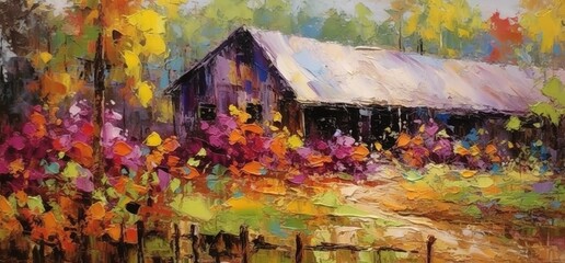 Colorful Impressionist Painting of a Barn in Autumn
