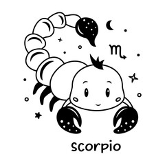 Scorpio Baby zodiac sign, cute kids horoscope vector design, adorable astrological clipart for children.