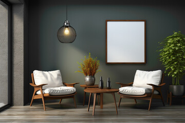 Enhance your space with a touch of minimalism a?" two chairs and a table against a solid wall, accompanied by a blank empty white frame for your text.