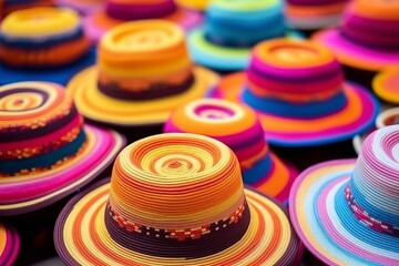 traditional peruvian hats of multiple colors - obrazy, fototapety, plakaty