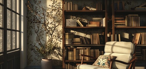 Obraz na płótnie Canvas A cozy reading corner with a detailed wall pattern, adorned with minimalist bookshelves and a comfy chair