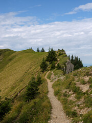 Alpiner Wanderweg auf einem grünen Bergrücken mit Aussicht