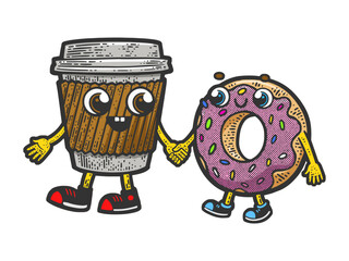 coffee and donut friends walking together sketch hand drawn color engraving vector illustration. Scratch board imitation. Black and white hand drawn image.