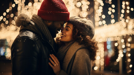 A young couple in love, an African black man and a woman in a coat and hats, hug and kiss in the evening on a crowded city street, glowing bokeh lights. - obrazy, fototapety, plakaty
