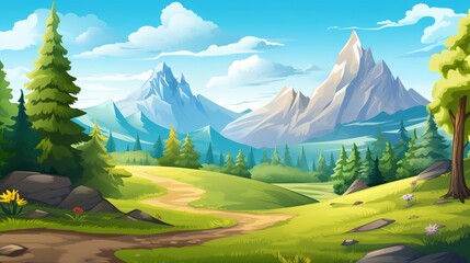 Mountains, valley and coniferous forest landscape