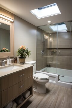 Small bathroom interior with toilet, sink and shower