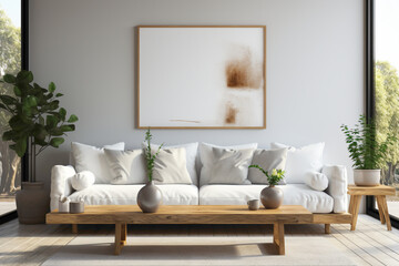 Envision a minimalist living room with a white sofa and matching table against a backdrop of an empty blank frame, offering a clean slate for text insertion.
