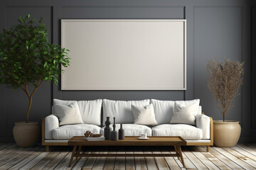 Envision a minimalist living room with a white sofa and matching table against a backdrop of an empty blank frame, offering a clean slate for text insertion.