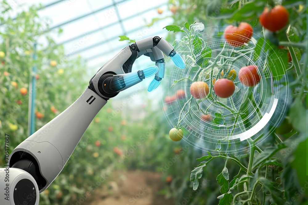 Poster robot is working in greenhouse with tomatoes. smart farming and digital agriculture 4.0..