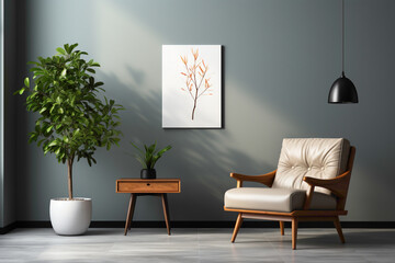 Experience relaxation in style with a soft color single sofa chair, adorned with a cute little plant, against a sleek solid wall featuring a blank empty white frame.