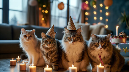 A group of cats and a birthday cake with candles. 