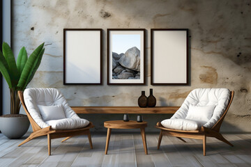 Experience the beauty of minimalism a?" two chairs and a table against a solid wall, accompanied by a blank empty white frame for your custom text.