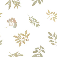 delicate watercolor leaves, seamless pattern on a white background