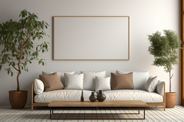 Experience the simplicity of a solid mockup living room featuring a cozy sofa and a strategically placed blank empty white frame, perfect for copy text or creative designs.