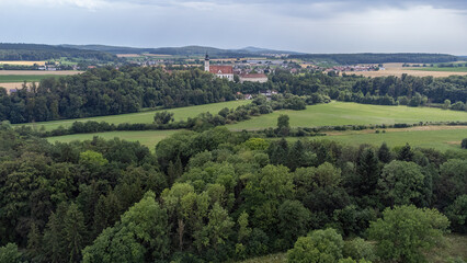 Obermarchtal with cathedral and landscape taken from above, drone photo