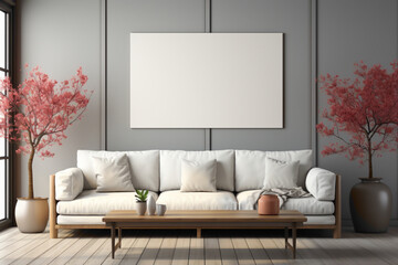 Fototapeta na wymiar Experience the tranquility of a living room featuring a soft color white sofa and a chic table, set against an empty frame inviting your personalized text.