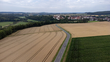 Obermarchtal with cathedral and landscape taken from above, drone photo