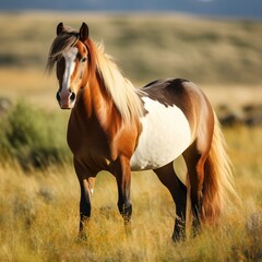 Obraz premium A Pinto Horse Standing in a Field of Tall Grass