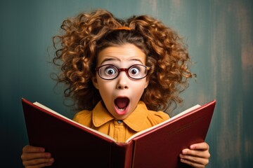 A funny and very surprised schoolgirl in glasses holds a book 