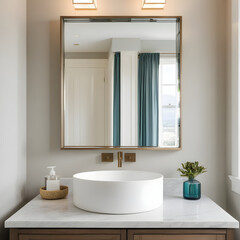 Square frame Interior of a powder room with a view of sink and mirror