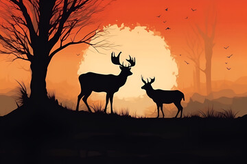 Fototapeta na wymiar Nature and animals of silhouette. green background. earth day, save wildlife. silhouette of a deer. 