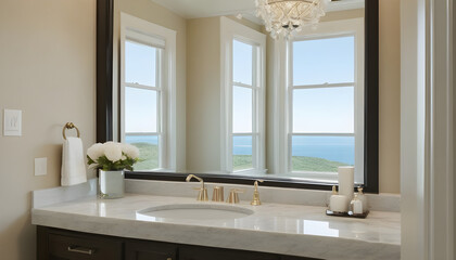 Square frame Interior of a powder room with a view of sink and mirror
