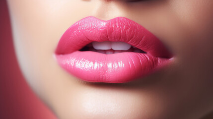 Fototapeta premium Lips with pink lipstick and white teeth of a beautiful, elegant, sexy white woman with perfect skin, close-up.