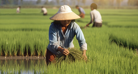 Naklejka na ściany i meble Asian woman working in a rice field. Farming.
