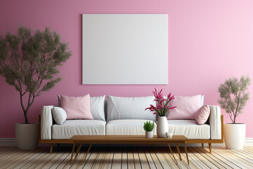 Imagine a calming living room with a pink sofa, complemented by a suitable table, all framed by an absolutely empty blank frame ready for your text.