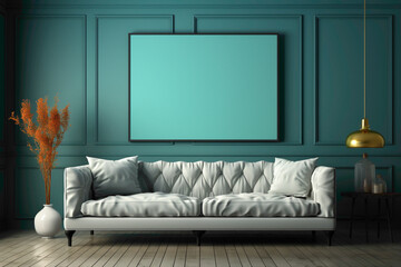 Imagine a serene space with a mint-colored sofa and a matching table, set against an empty blank frame, providing a perfect space for your text.