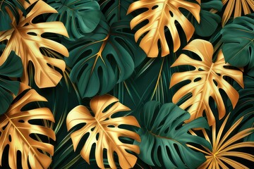 Luxury gold and nature green background vector. Floral pattern, Golden split-leaf Philodendron plant with monstera plant line arts, Vector illustration.
