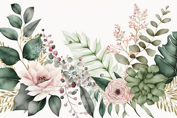 Bouquet border - green leaves and blush pink flowers on white background. Watercolor hand painted seamless border. Floral illustration. Foliage pattern. Created with generative AI technology - obrazy, fototapety, plakaty