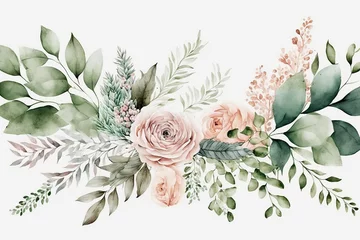 Fotobehang Bouquet border - green leaves and blush pink flowers on white background. Watercolor hand painted seamless border. Floral illustration. Foliage pattern. Created with generative AI technology © VSzili