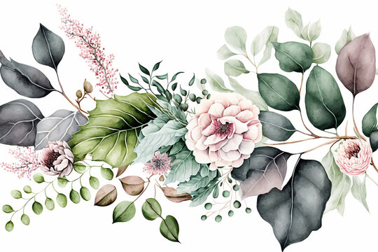 Bouquet border - green leaves and blush pink flowers on white background. Watercolor hand painted seamless border. Floral illustration. Foliage pattern. Created with generative AI technology