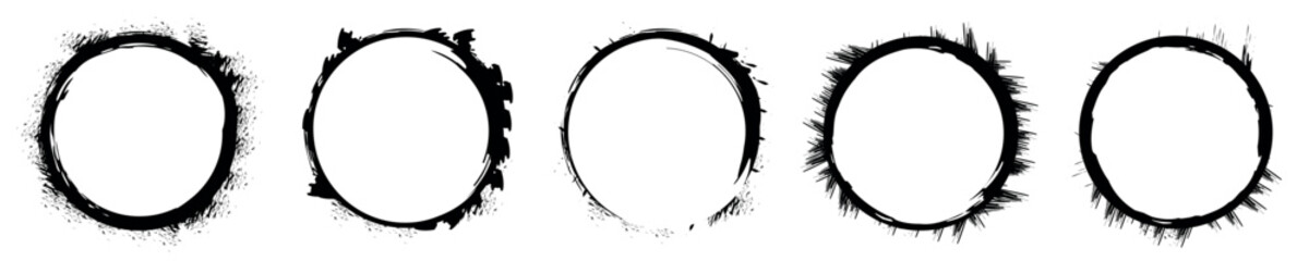 Grunge backgrounds frames vector set. Blank brush paint ink in circle frame illustration.