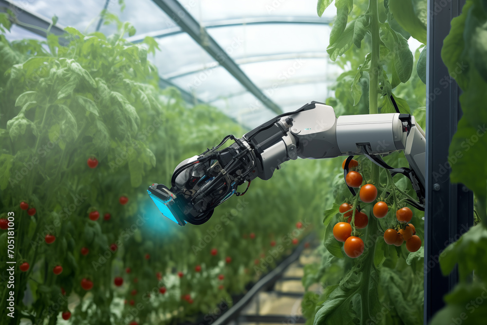 Aufkleber Robot is working in greenhouse with tomatoes. Smart farming and digital agriculture 4.0..