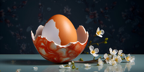 Obraz na płótnie Canvas Egg Easter Cherry Branch. easter eggs, design, sakura, easter background, copy space. Banner. Creative