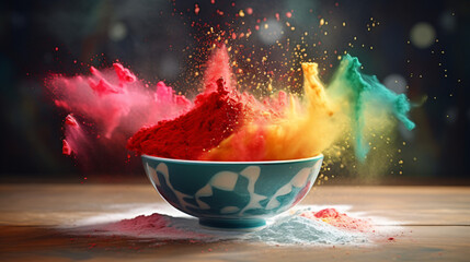 Colorful powder is flying into a bowl in the style