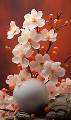Vertical composition. Easter card. Flowering branch and easter egg. Vertical Frame