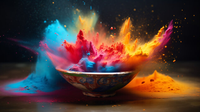 Naklejki Colorful powder is flying into a bowl in the style