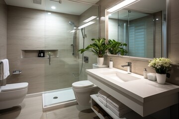 Fototapeta na wymiar Modern bathroom interior with toilet, sink and shower