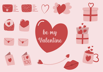 Saint valentin, éléments vectoriels, coeur, lettre, enveloppe, cadeaux, rose, flèche.